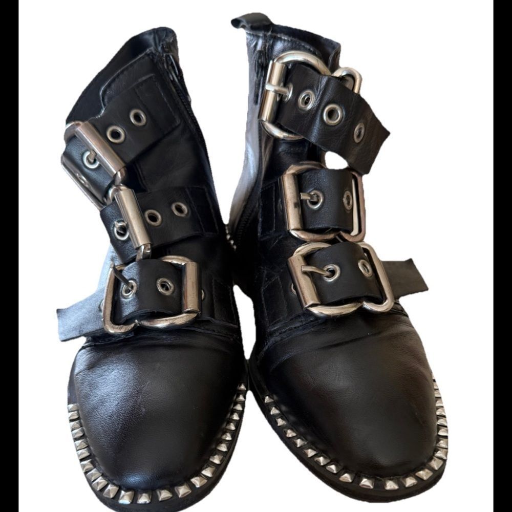 Topshop Black Alfie Buckle Studded Silver Boots   Leather Ankle Size 36